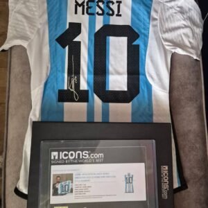 Lionel Messi Signed Collection - Framed Argentina 2022 World Cup Shirt + Icons.com COA + Kaboom Beckett 9 & 25/28 Numbered Card